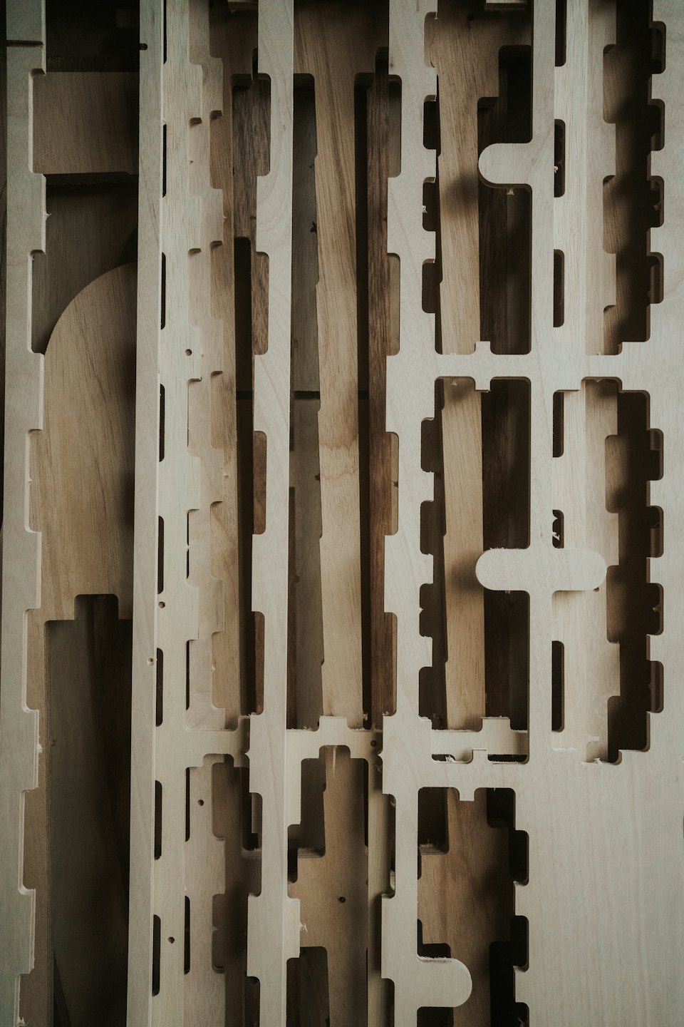 Laser-cut wooden pieces interlocking to form a pattern.